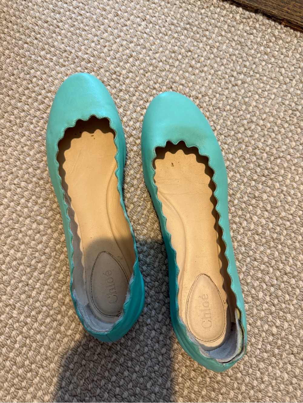Chloe Scalloped Edge Turquoise Leather Ballet Flats